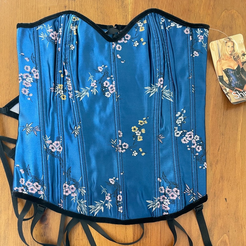 NWT: Blue Brocade Rear Lace Up Corset w/ Match Thong & Garter Belts
